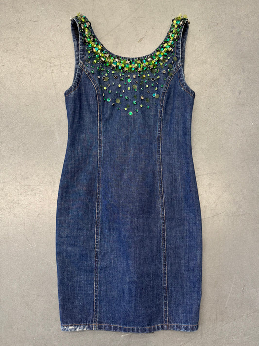 MIU MIU GREEN CRYSTAL DENIM ZIP DRESS