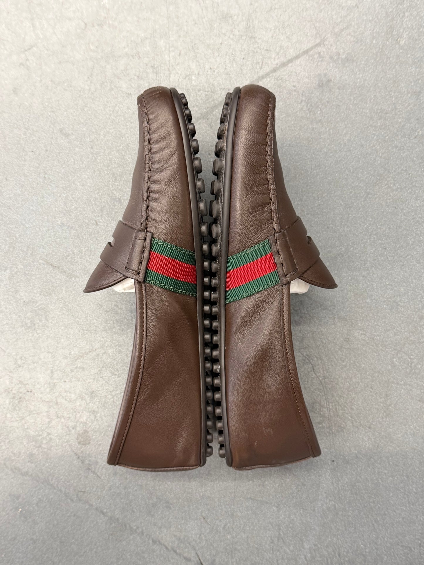 GUCCI WEB LEATHER DRIVER LOAFERS - BROWN (PRE-OWNED WITH BOX)