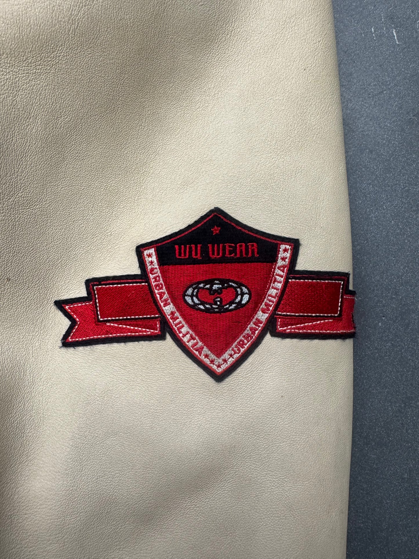 90S WU-TANG WU WEAR URBAN MILITIA LEATHER VARSITY JACKET - RED/WHITE