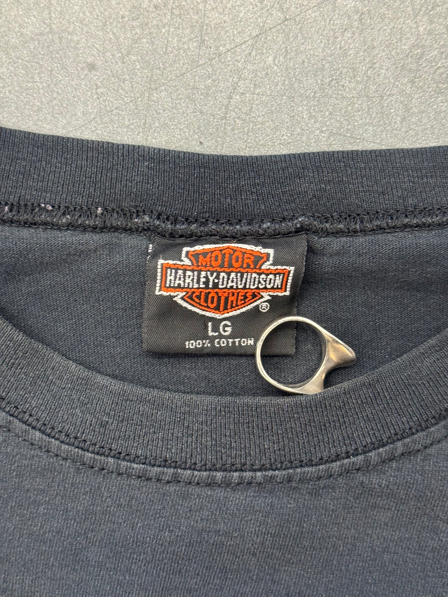 90S HARLEY-DAVIDSON ALDO'S BERNARDSTON, MA BLUE FLAME LONG SLEEVE TEE (HARLEY TAG)