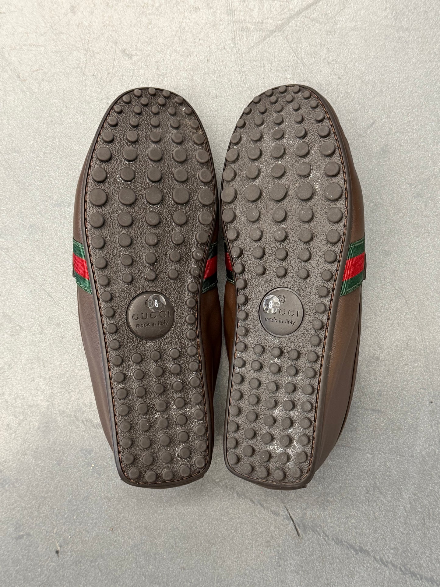 GUCCI WEB LEATHER DRIVER LOAFERS - BROWN (PRE-OWNED WITH BOX)