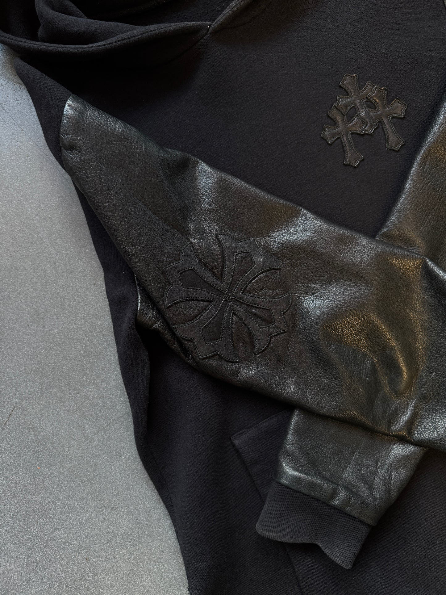 CHROME HEARTS LEATHER SLEEVE Y NOT HOODIE - BLACK (S)