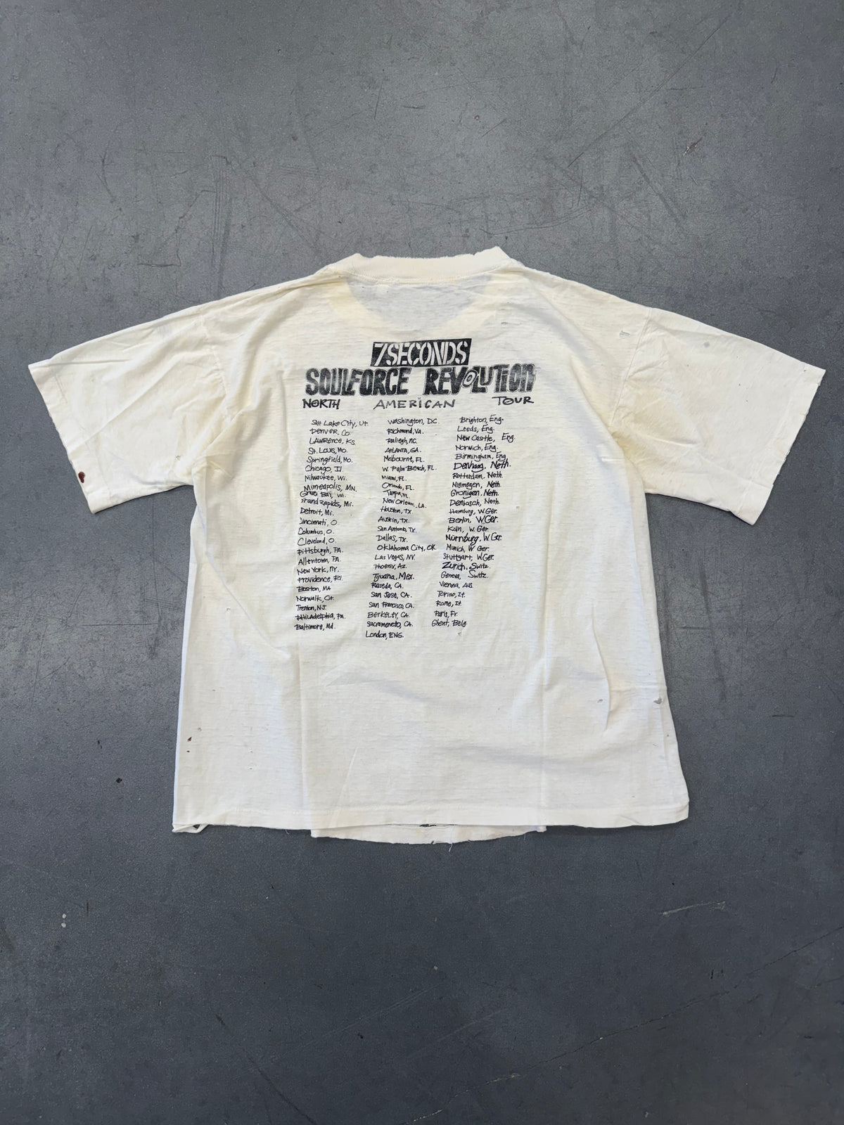 90'S 7 SECONDS SOULFORCE REVOLUTION NORTH AMERICAN TOUR THRASHED TEE (PULLED TAG) HEAVY REPAIR