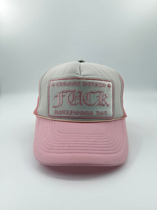 2012-14 CHROME HEARTS FUCK HOLLYWOOD, USA TRUCKER HAT - SHY PINK/WHITE