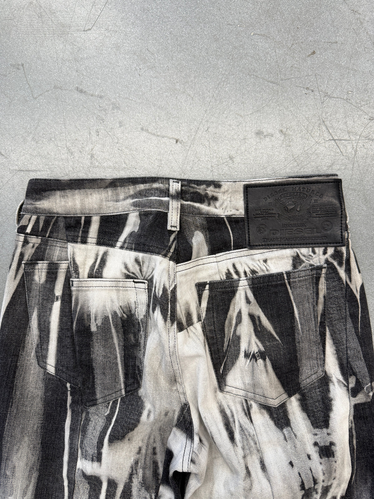DIESEL INDUSTRY DENIM DIVISION ARCHIVAL COWHIDE LEATHER ABSTRACT PRINT PANTS