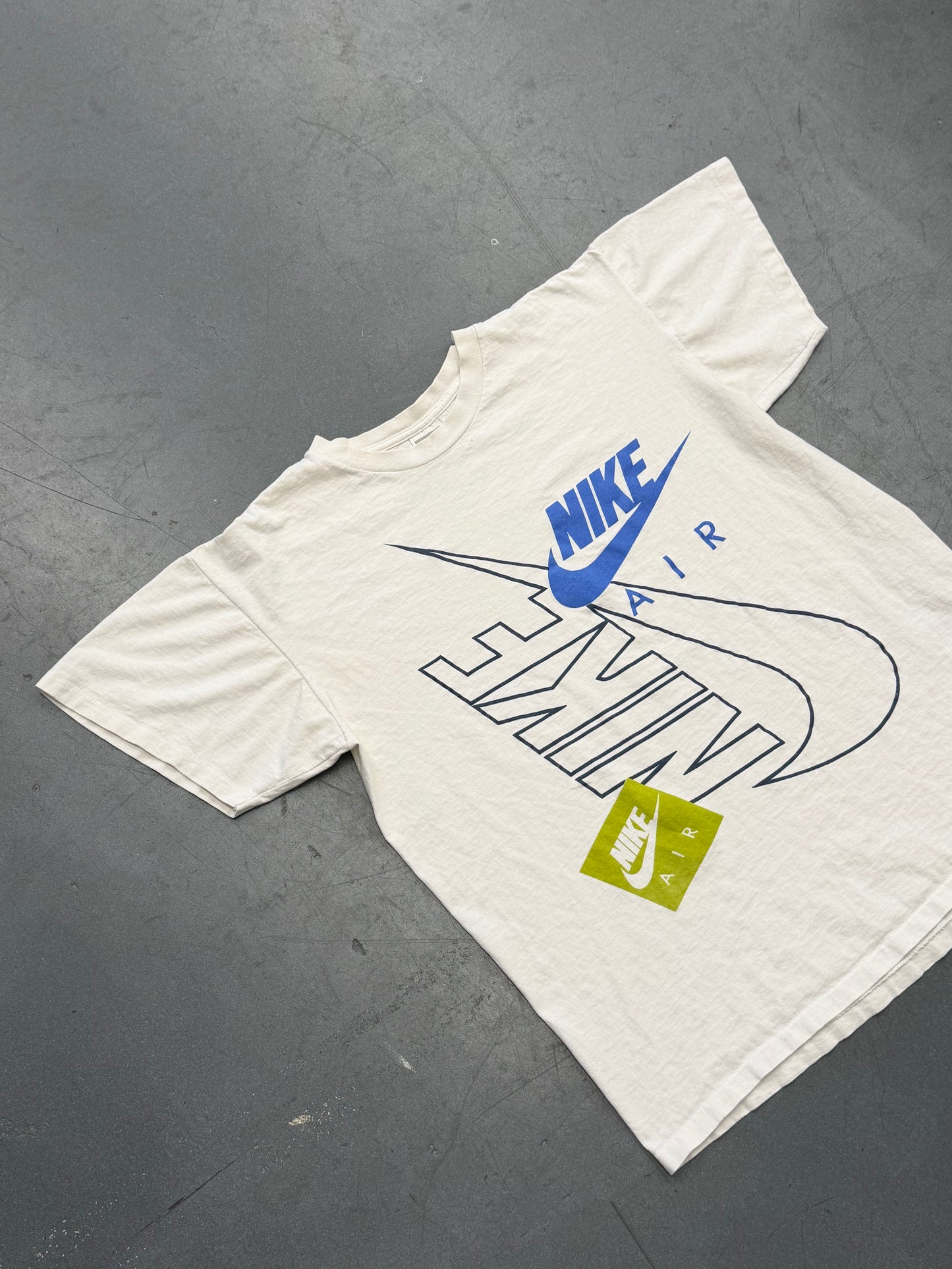 90S NIKE AIR LIGHT BLUE + GREEN MULTI LOGO TEE (GREY/RED/WHITE TAG)