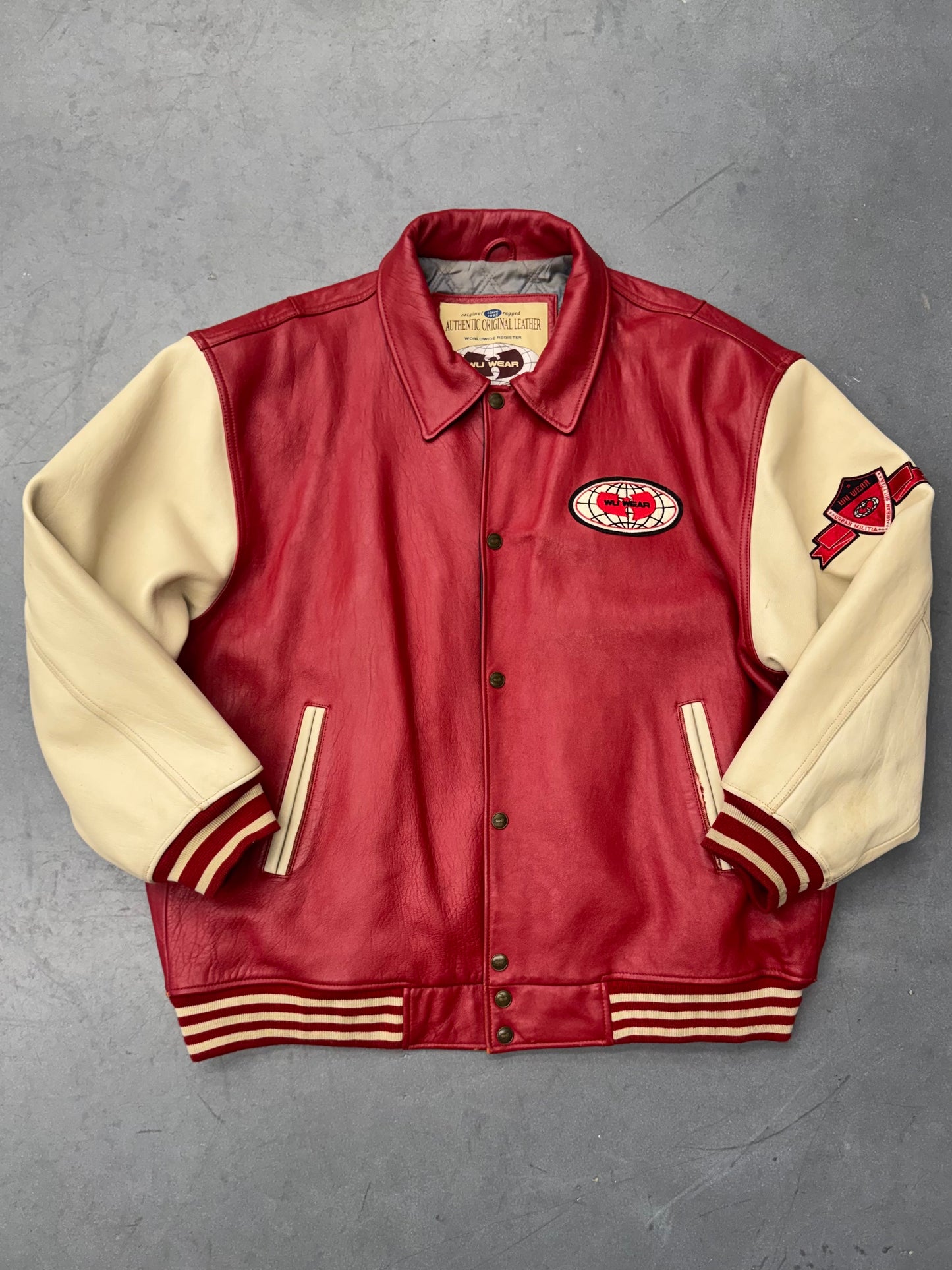 90S WU-TANG WU WEAR URBAN MILITIA LEATHER VARSITY JACKET - RED/WHITE