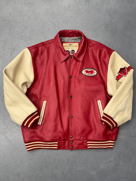 90S WU-TANG WU WEAR URBAN MILITIA LEATHER VARSITY JACKET - RED/WHITE