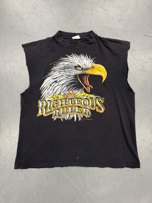 80S AMERICAN BIKER RIGHTEOUS RULER EAGLE HEAD CUT OFF TEE (FADED TAG)