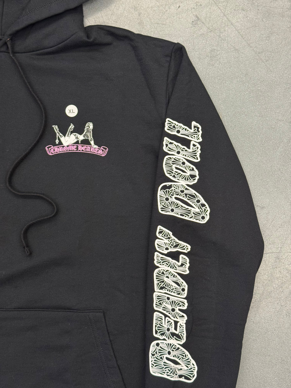 CHROME HEARTS DEADLY DOLL METALLIC FUSCHIA CROSS PULLOVER HOODIE