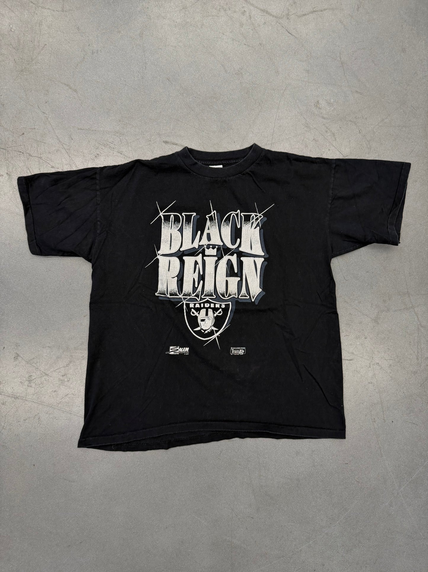 1990 RAIDERS BLACK REIGN TEE (SALEM SPORTSWEAR TAG)
