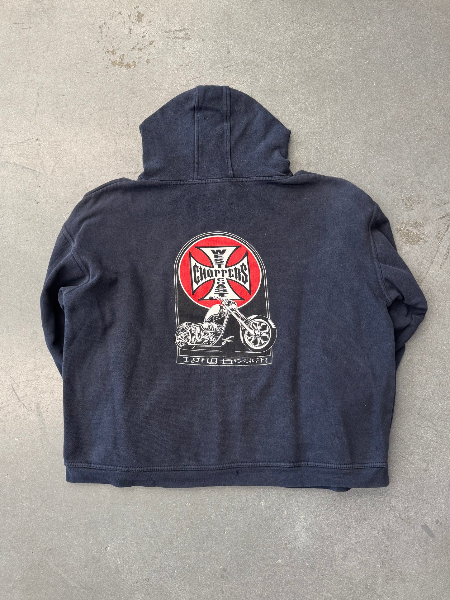 90S WEST COAST CHOPPERS LONG BEACH IRON CROSS CIRCLE LOGO PULLOVER HOODIE (IRON CROSS CIRCLE TAG)
