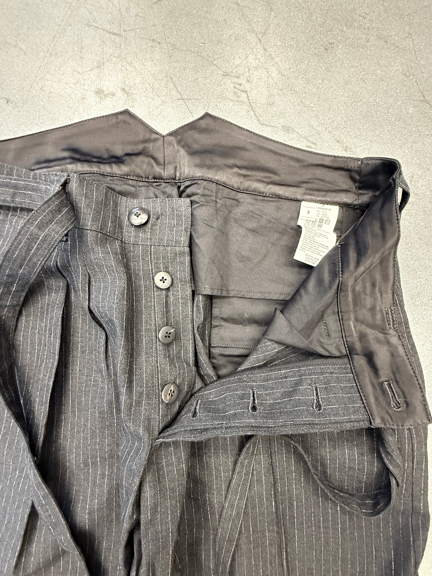 VISVIM PINSTRIPE WOOL WIDE CUFF PANTS - BLACK