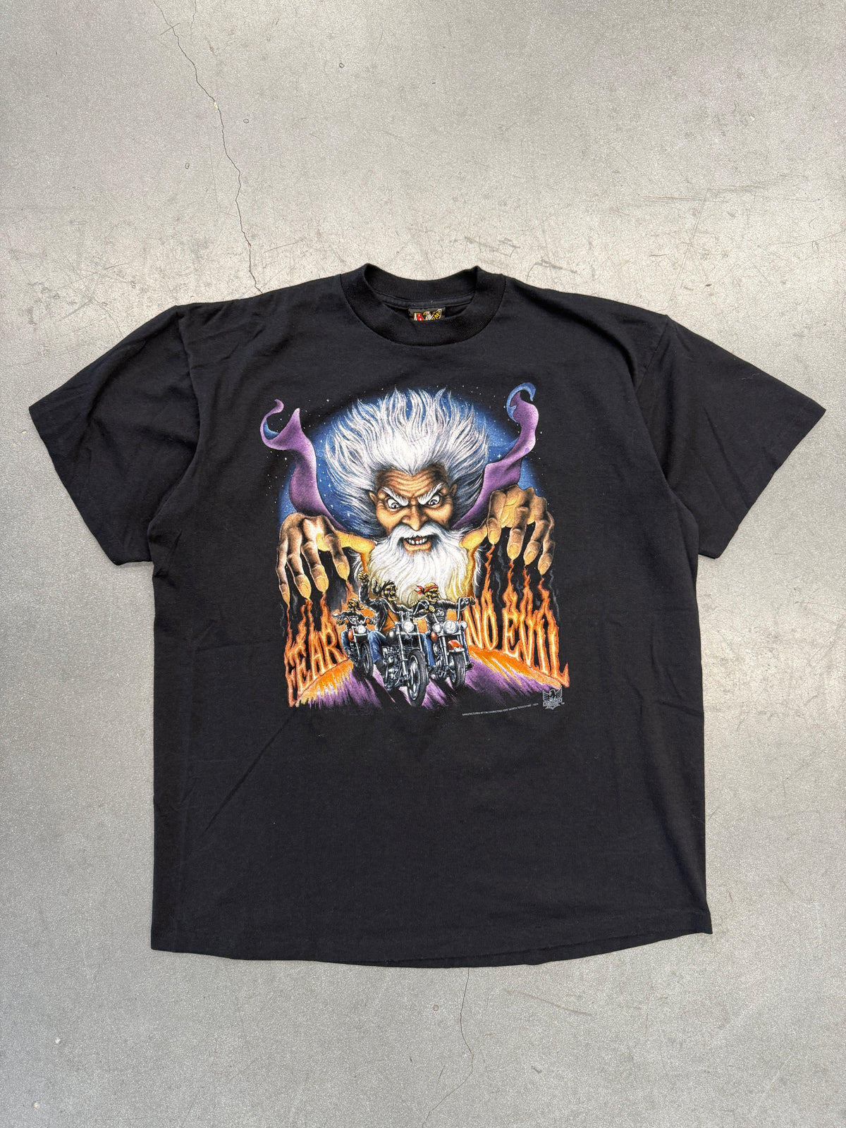 1992 AMERICAN BIKER FEAR NO EVIL WIZARD BIKER TEE (3D EMBLEM TAG)