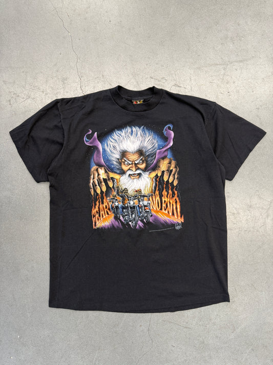 1992 AMERICAN BIKER FEAR NO EVIL WIZARD BIKER TEE (3D EMBLEM TAG)