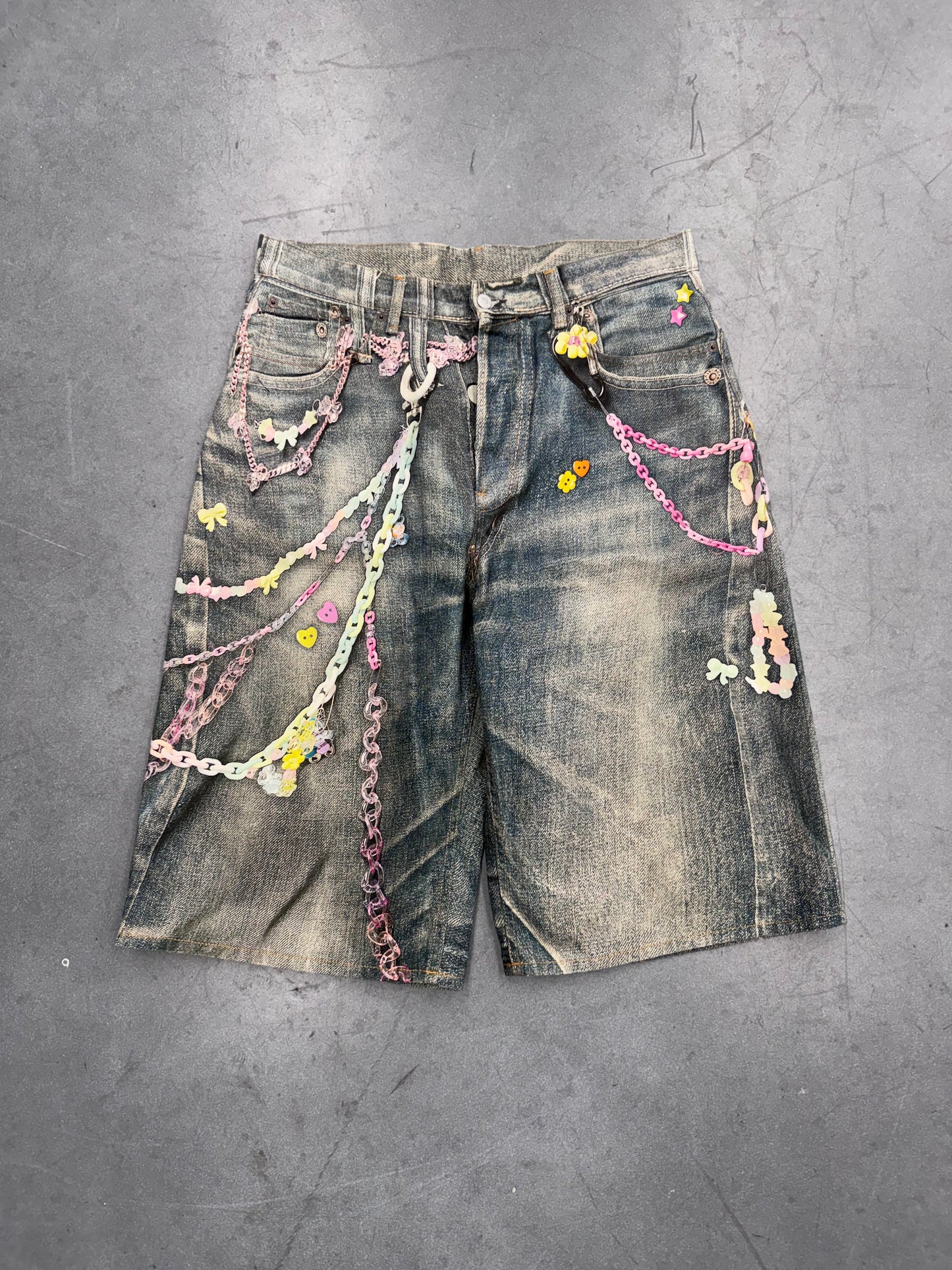 ACNE STUDIOS 3D CHAIN PRINT BAGGY DENIM SHORTS (38)