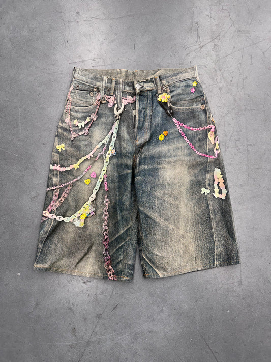 ACNE STUDIOS 3D CHAIN PRINT BAGGY DENIM SHORTS (38)