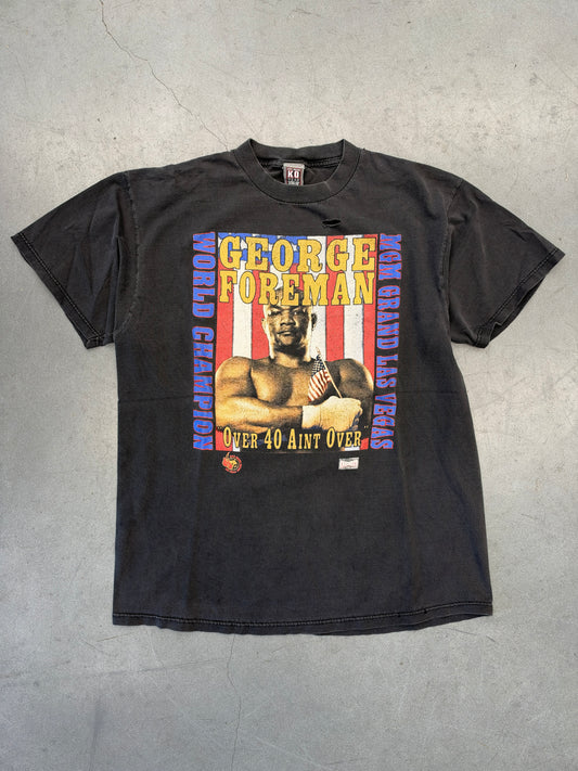 90S GEORGE FOREMAN WORLD CHAMPION MGM GRAND LAS VEGAS OVER 40 AIN'T OVER FADED BOXING TEE (K.O. WEAR TAG)