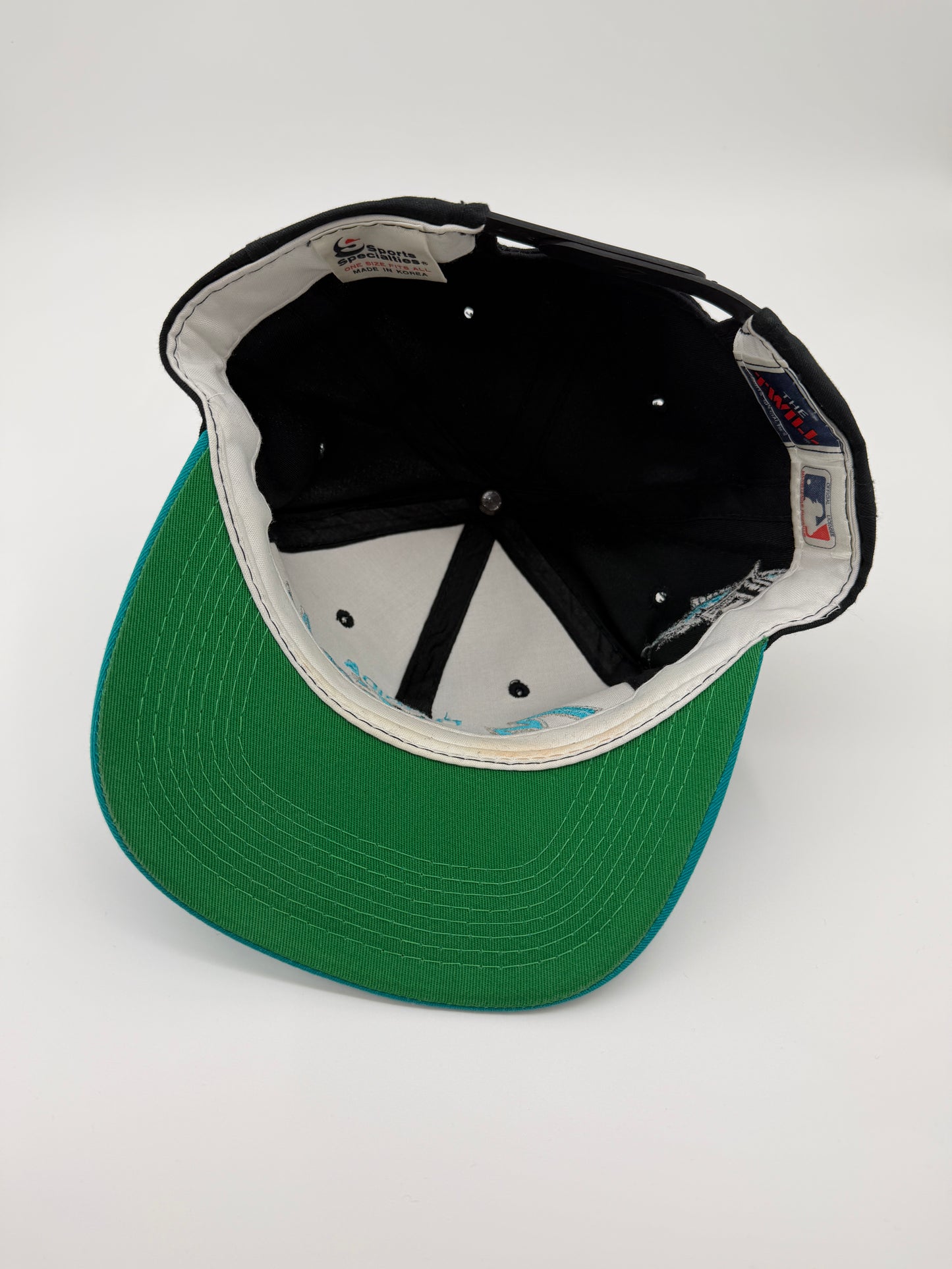 90S FLORIDA MARLINS SCRIPT THE TWILL SPORTS SPECIALTIES SNAPBACK HAT BLACK/TEAL
