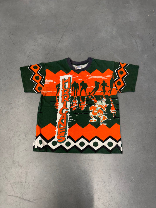 90S MIAMI HURRICANES MENDEZ SPORTSWEAR ALL OVER PRINT TEE (MENDEZ TAG)