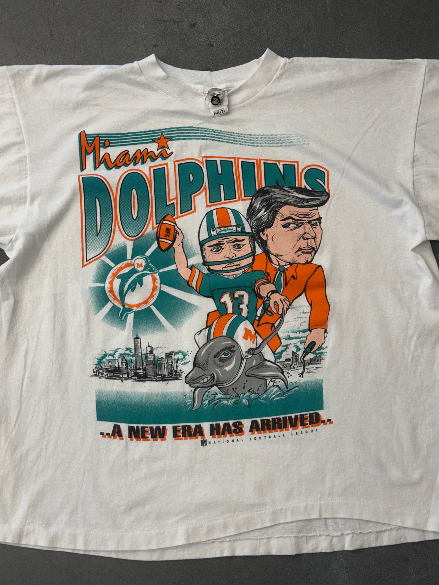 90S MIAMI DOLPHINS "..A NEW ERA HAS ARRIVED.." TEE (R.S. T'S TAG)