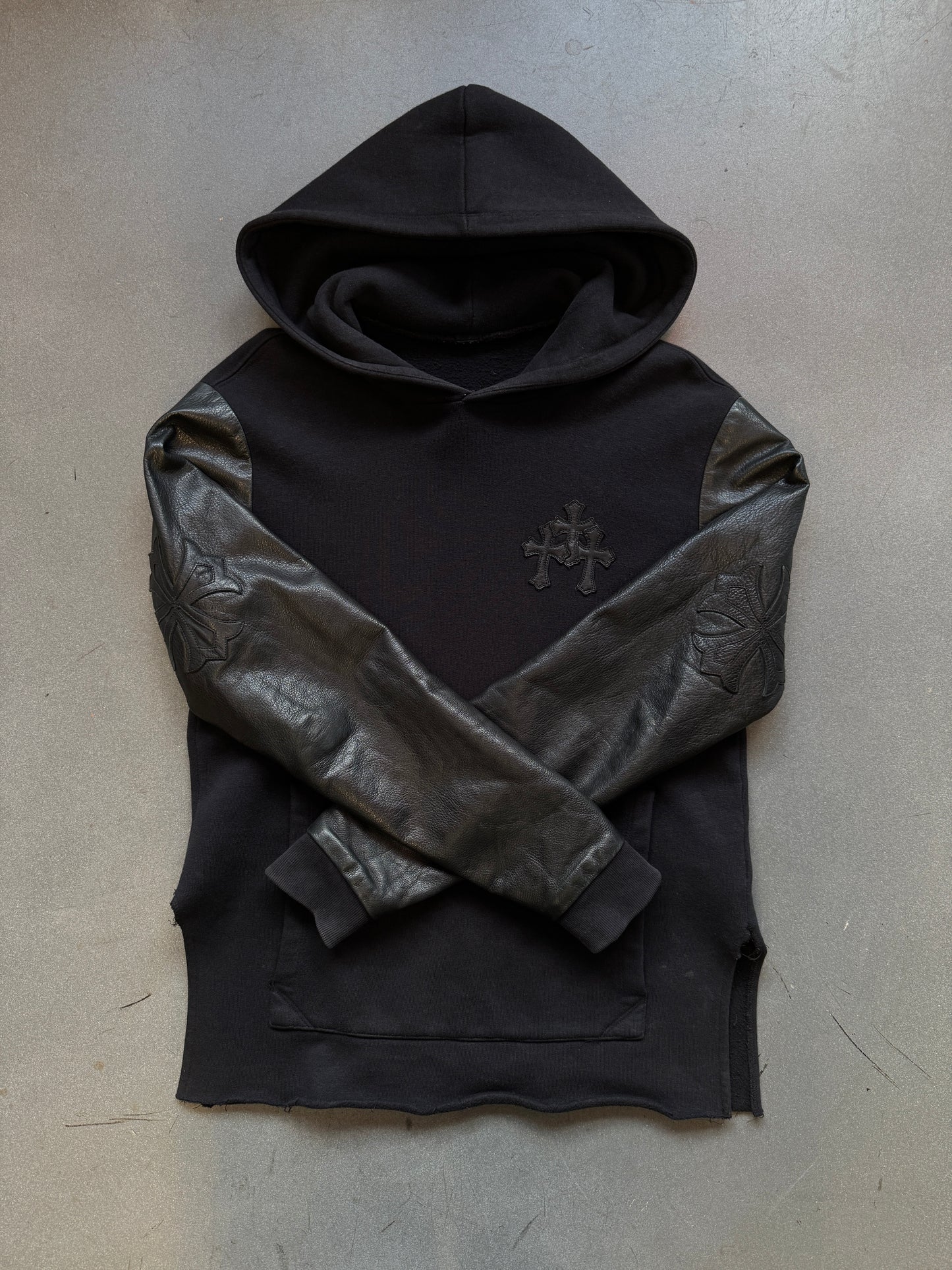 CHROME HEARTS LEATHER SLEEVE Y NOT HOODIE - BLACK (S)