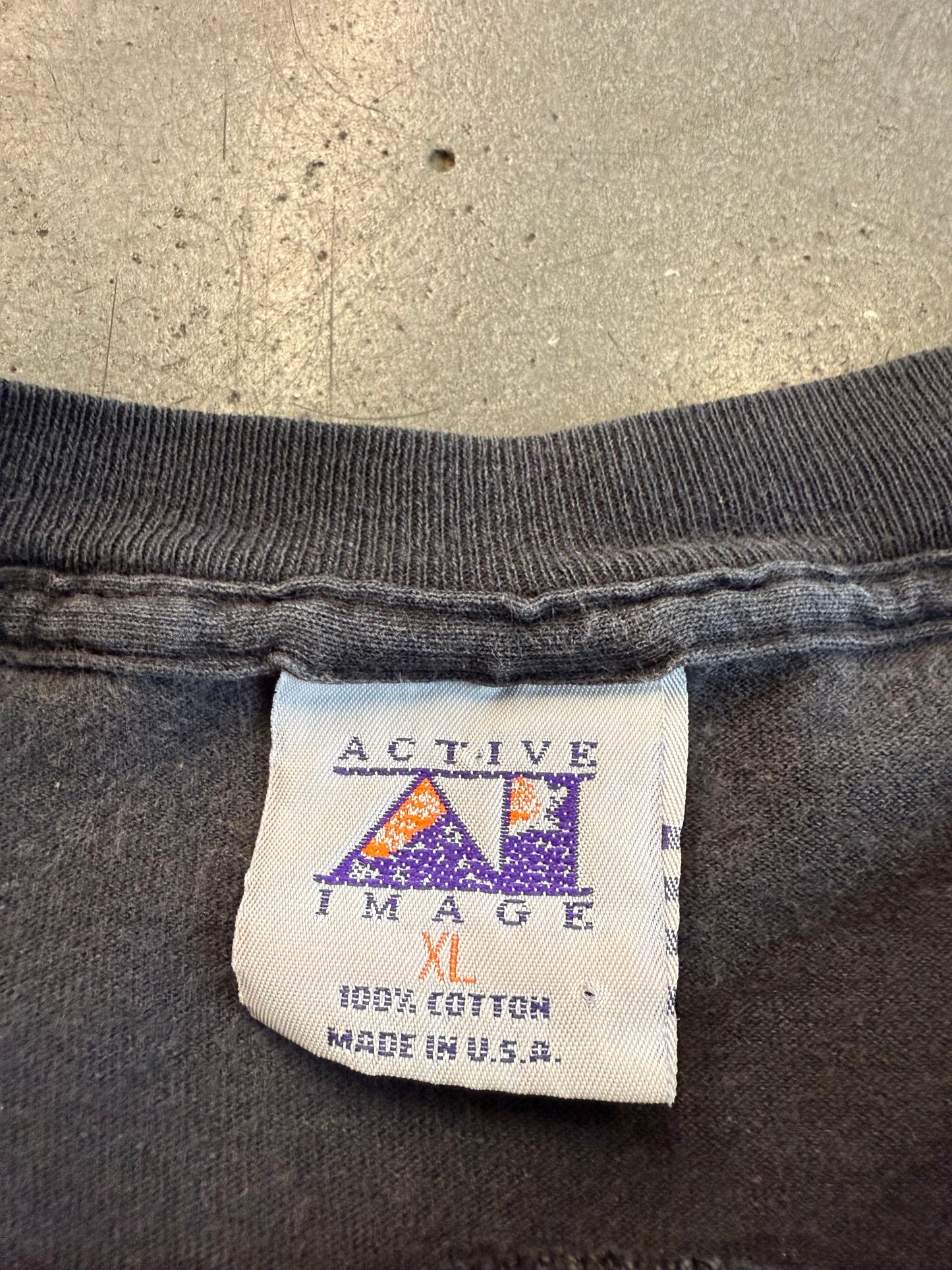 1994 MIAMI HURRICANES SEBASTIAN BASKETBALL BREAKTHROUGH SHATTERED TEE (ACTIVE IMAGE TAG)