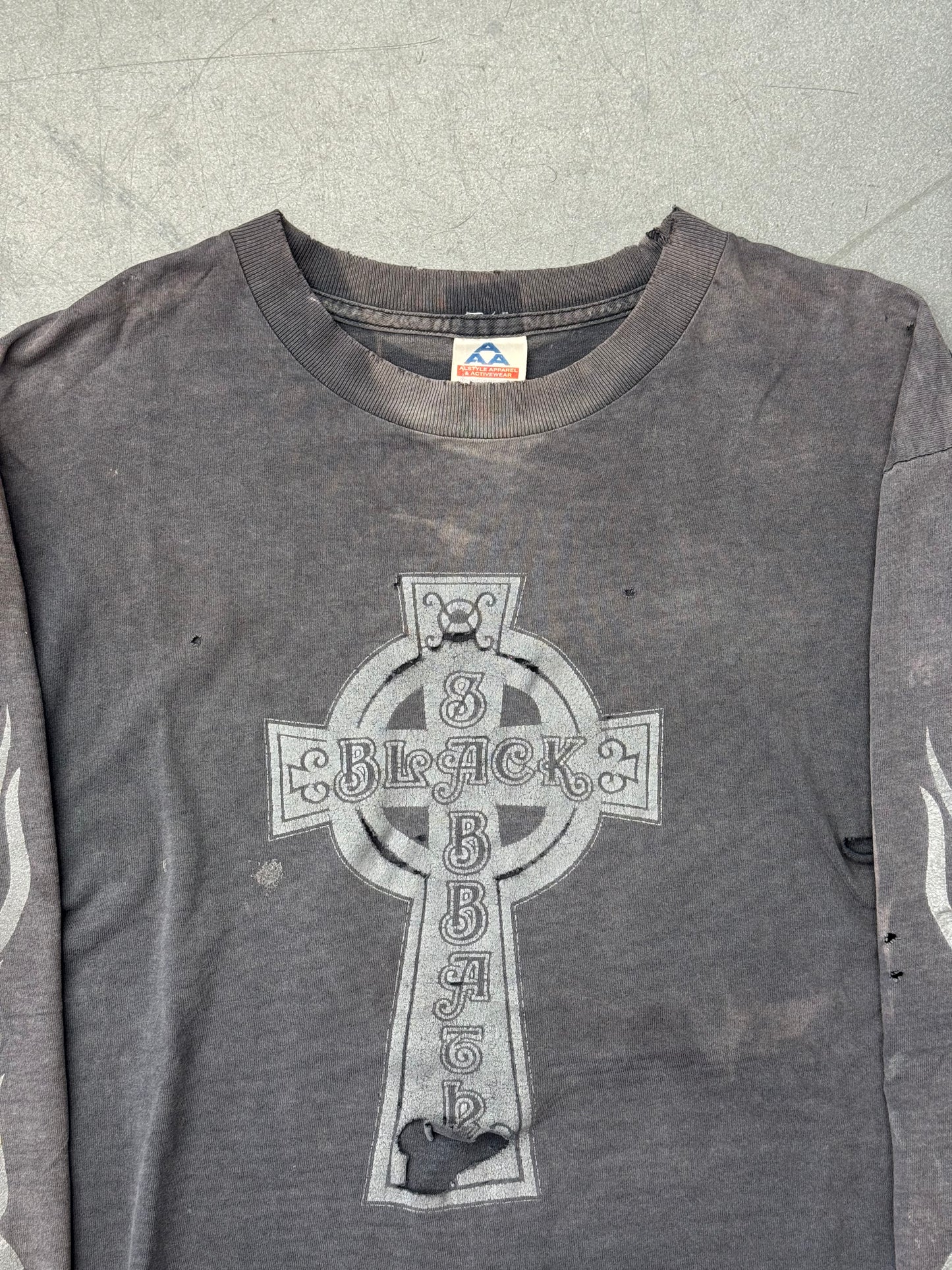 90'S BLACK SABBATH CROSS FLAME LONGSLEEVE DISTRESSED TEE (AAA TAG)