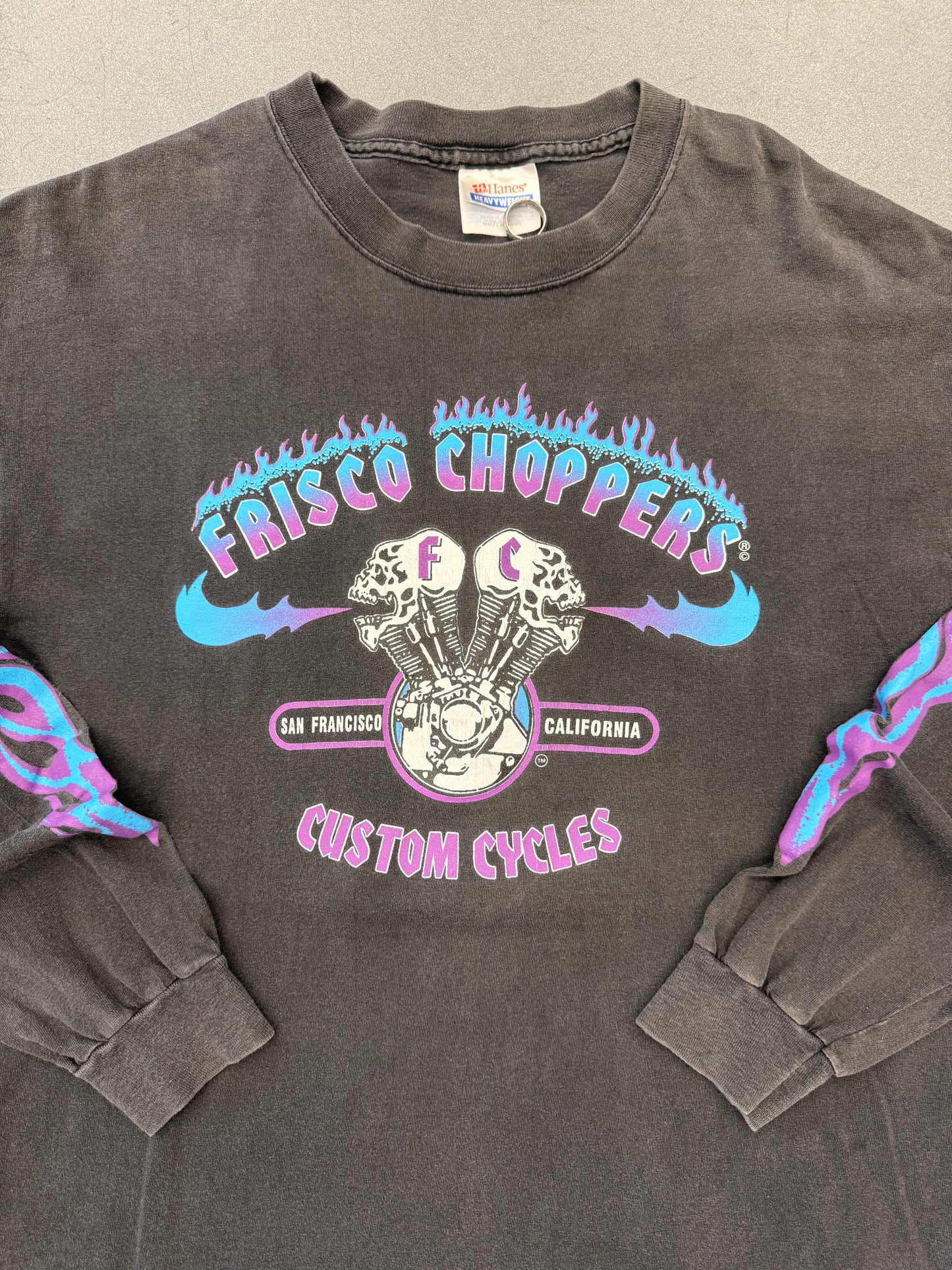 00'S FRISCO CHOPPERS CUSTOM CYCLES PURPLE/BLUE FLAME LS SAN FRANCISCO CALIFORNIA TEE (HANES HEAVYWEIGHT TAG)