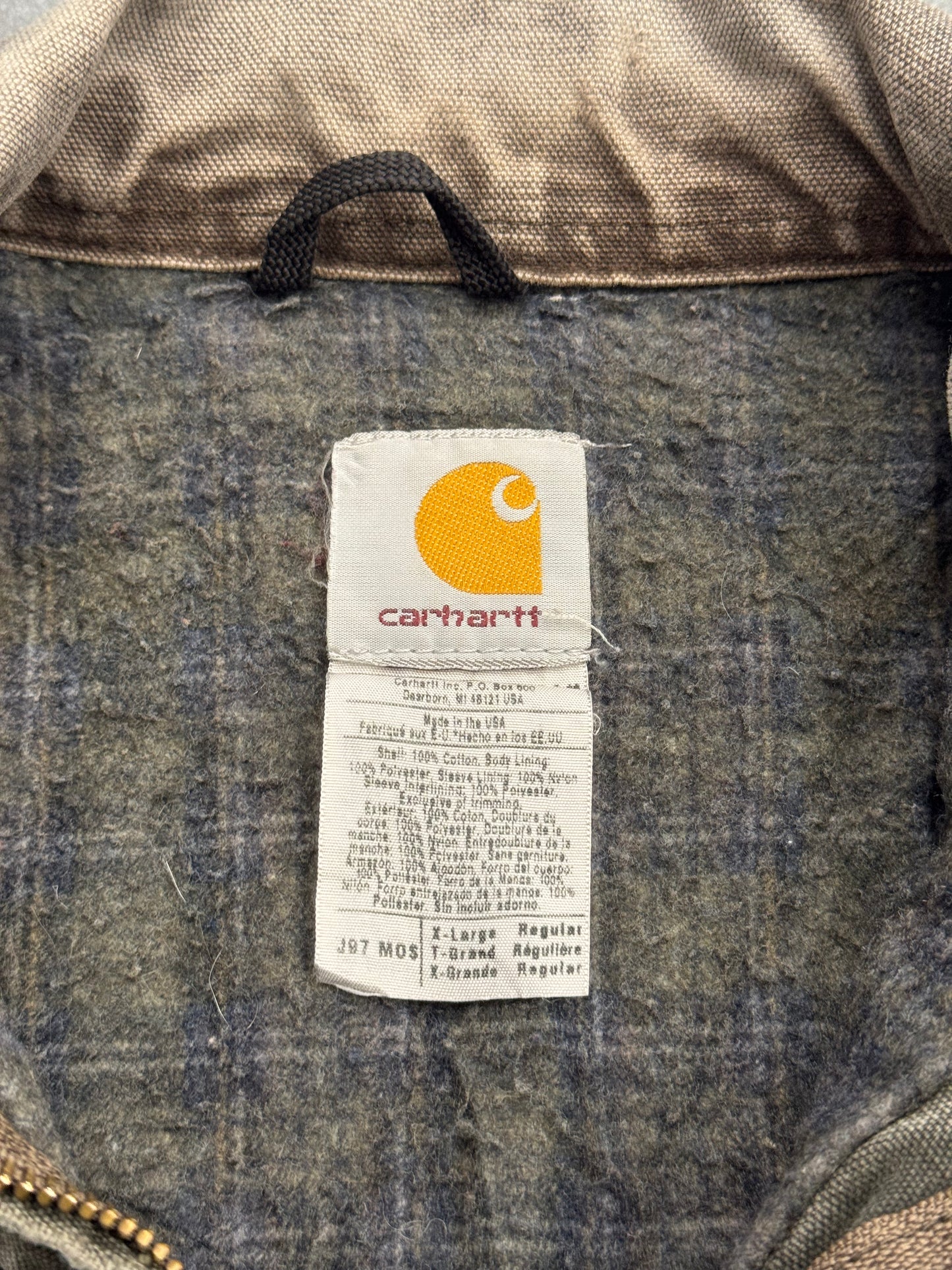 90S CARHARTT PLAID-LINED ZIP-UP CANVAS COLLARED WORK JACKET (J97MOS)