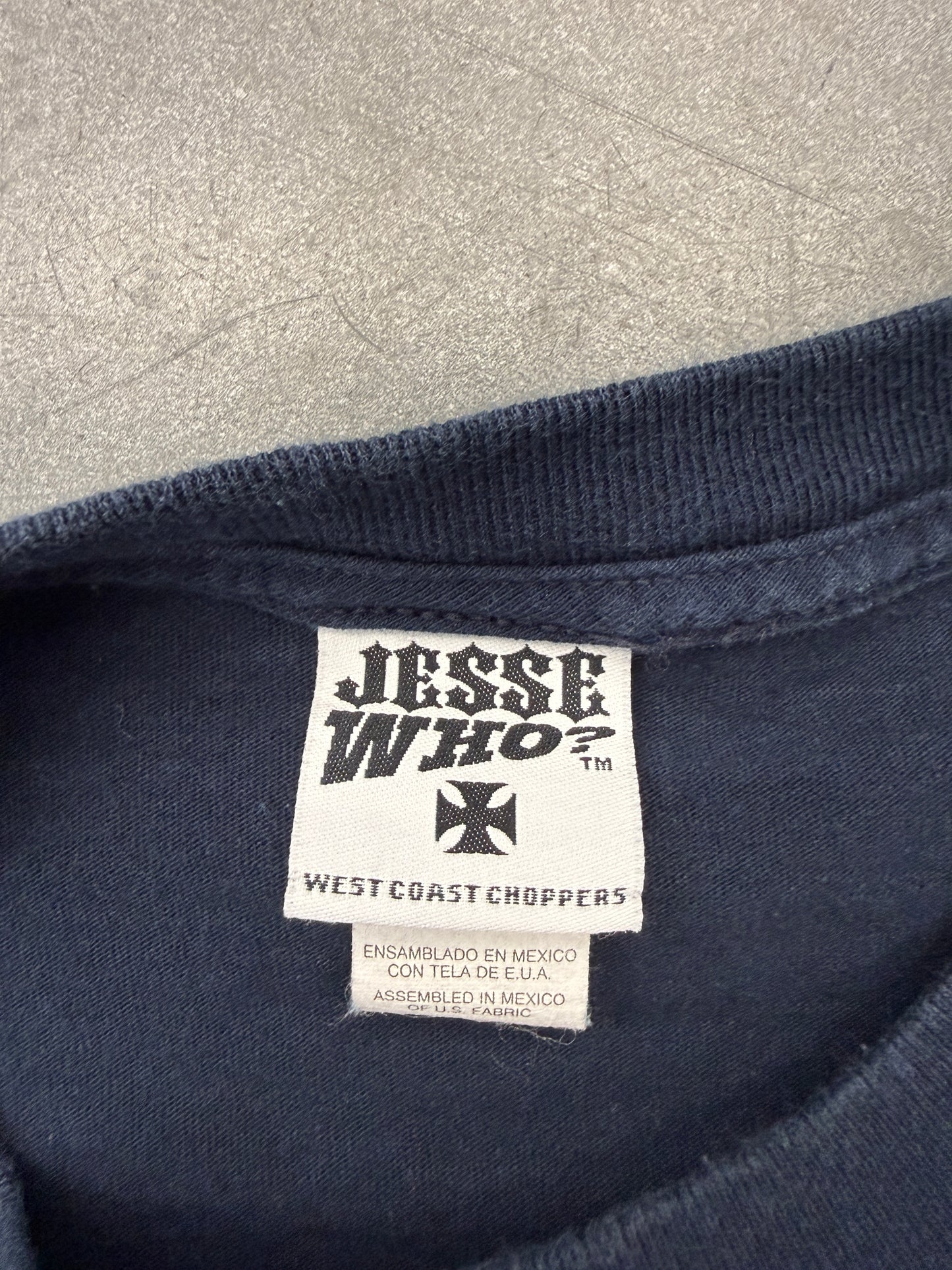 Y2K WEST COAST CHOPPERS SKULLS IRON CROSS LOGO BLUE BIKE MULLET TEE (JESSE WHO? TAG)