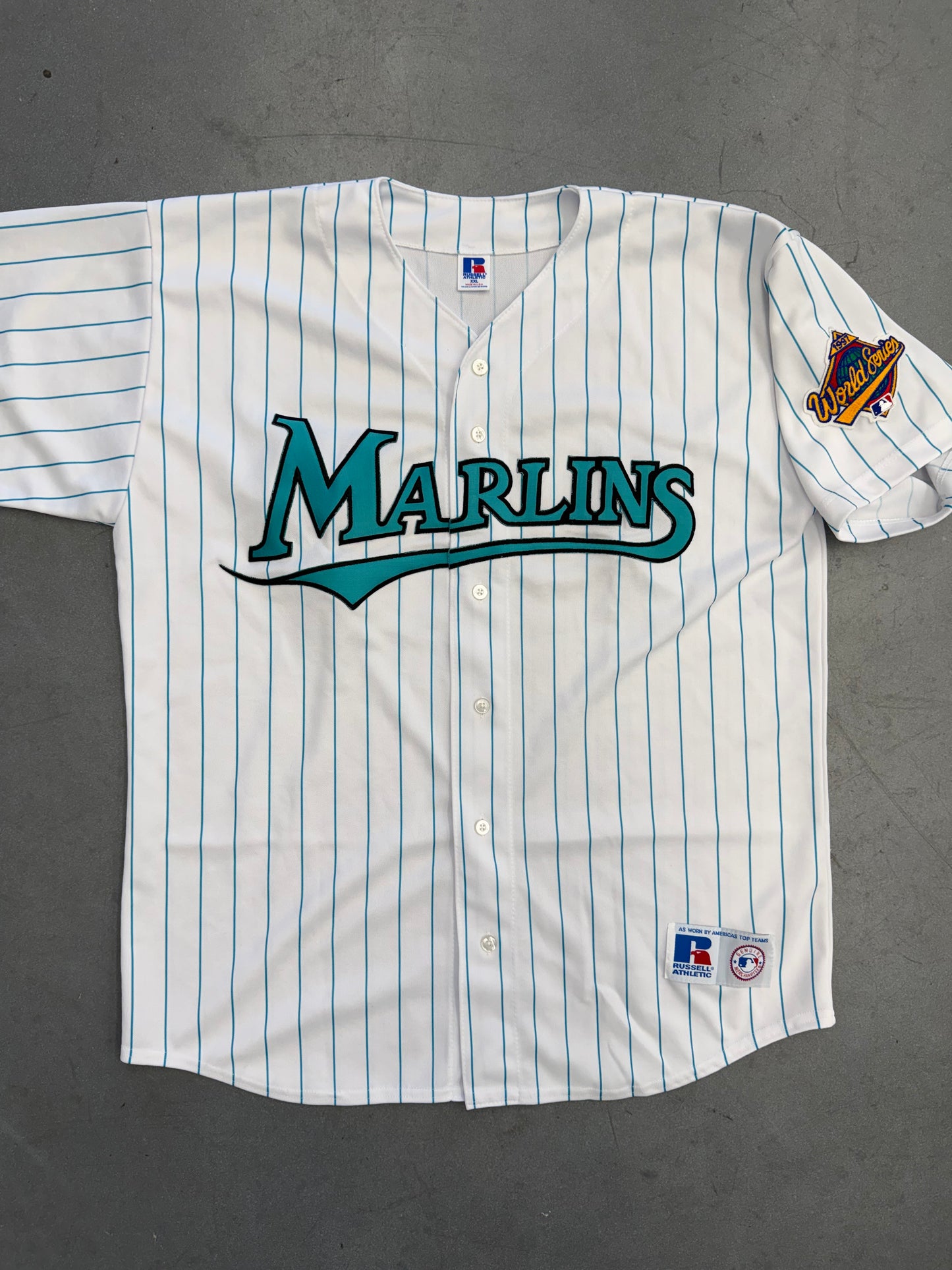 1997 FLORIDA MARLINS  RUSSELL ATHLETIC PINSTRIPE BASEBALL JERSEY