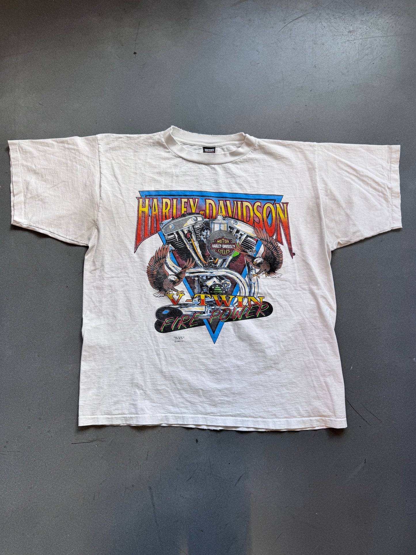 1996 HARLEY DAVIDSON V-TWIN FIRE POWER TEE (LICENSED BY HARLEY DAVIDSON TAG)