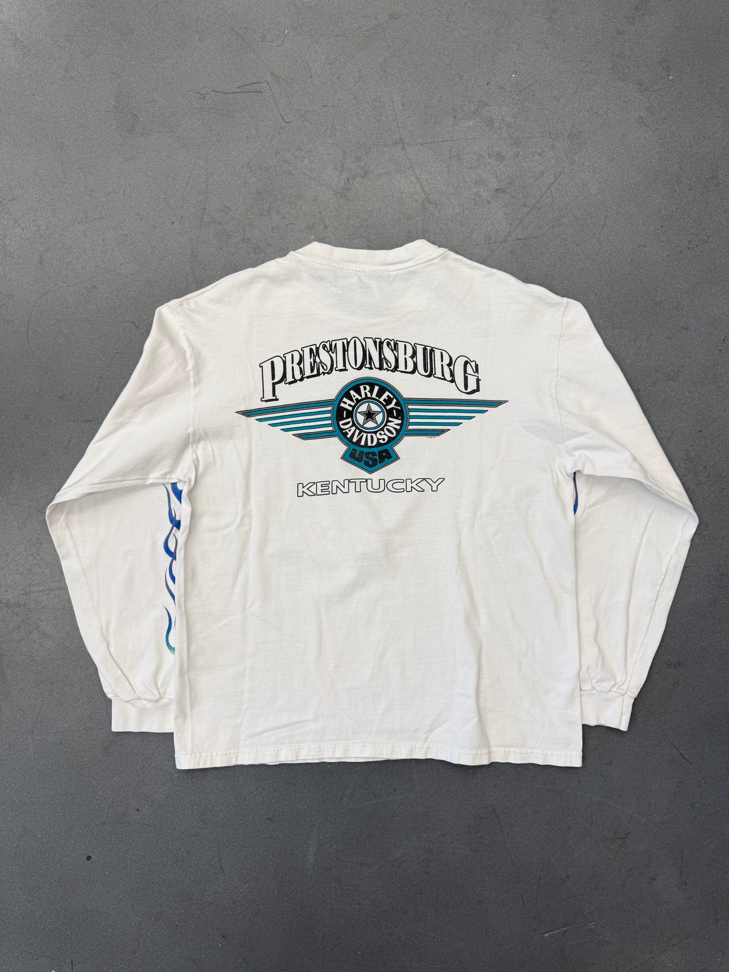 2000 HARLEY-DAVIDSON PRESTONSBURG KENTUCKY BLUE/PURPLE FLAMES LS TEE
