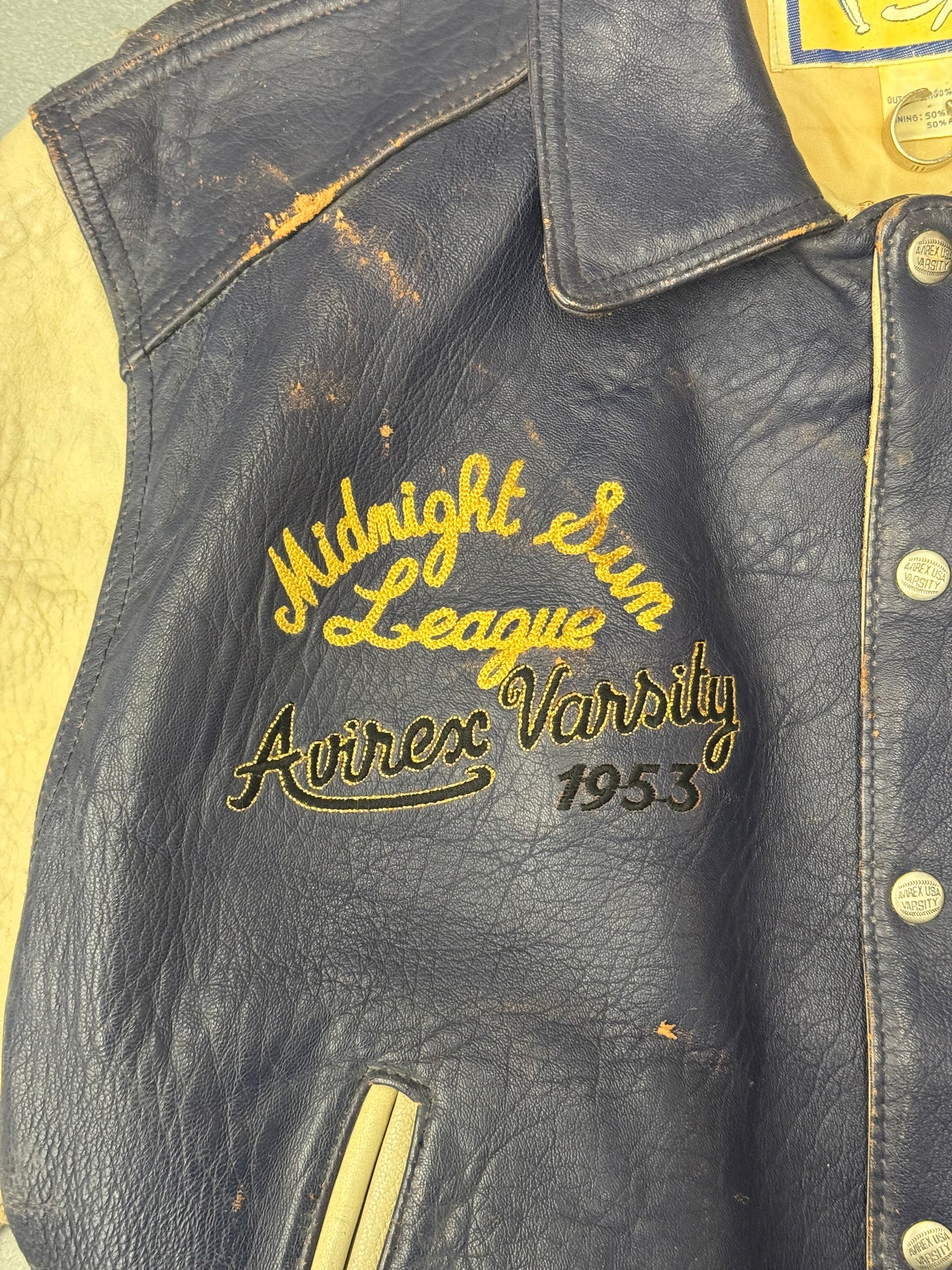 VINTAGE AVIREX MIDNIGHT SUN LEAGUE LEATHER VARSITY JACKET
