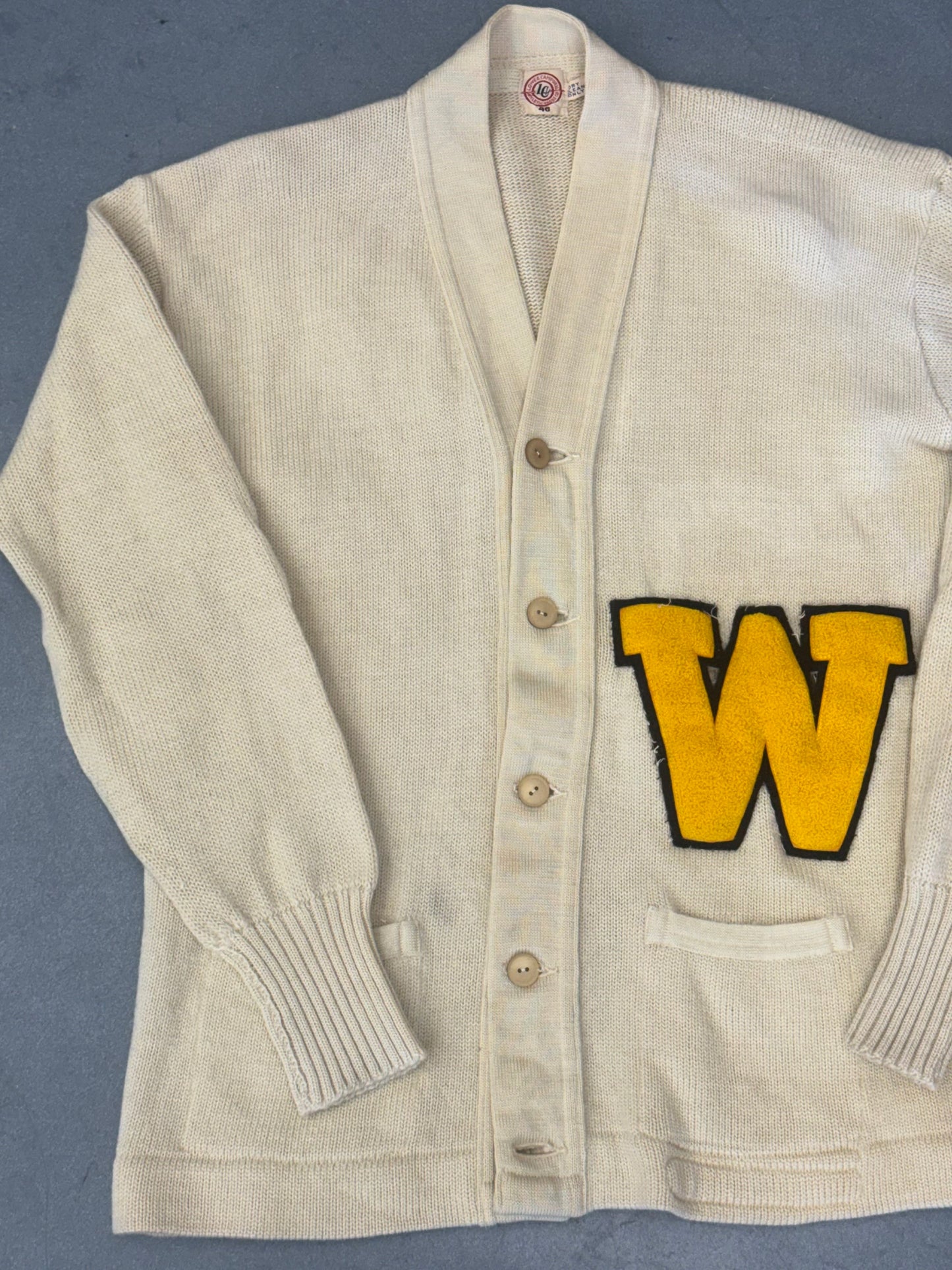 1940'S COLLEGE FOOTBALL 'W' PATCH CARDIGAN SWEATER (LOWE & CAMPBELL ATHLETIC GOODS CO TAG)