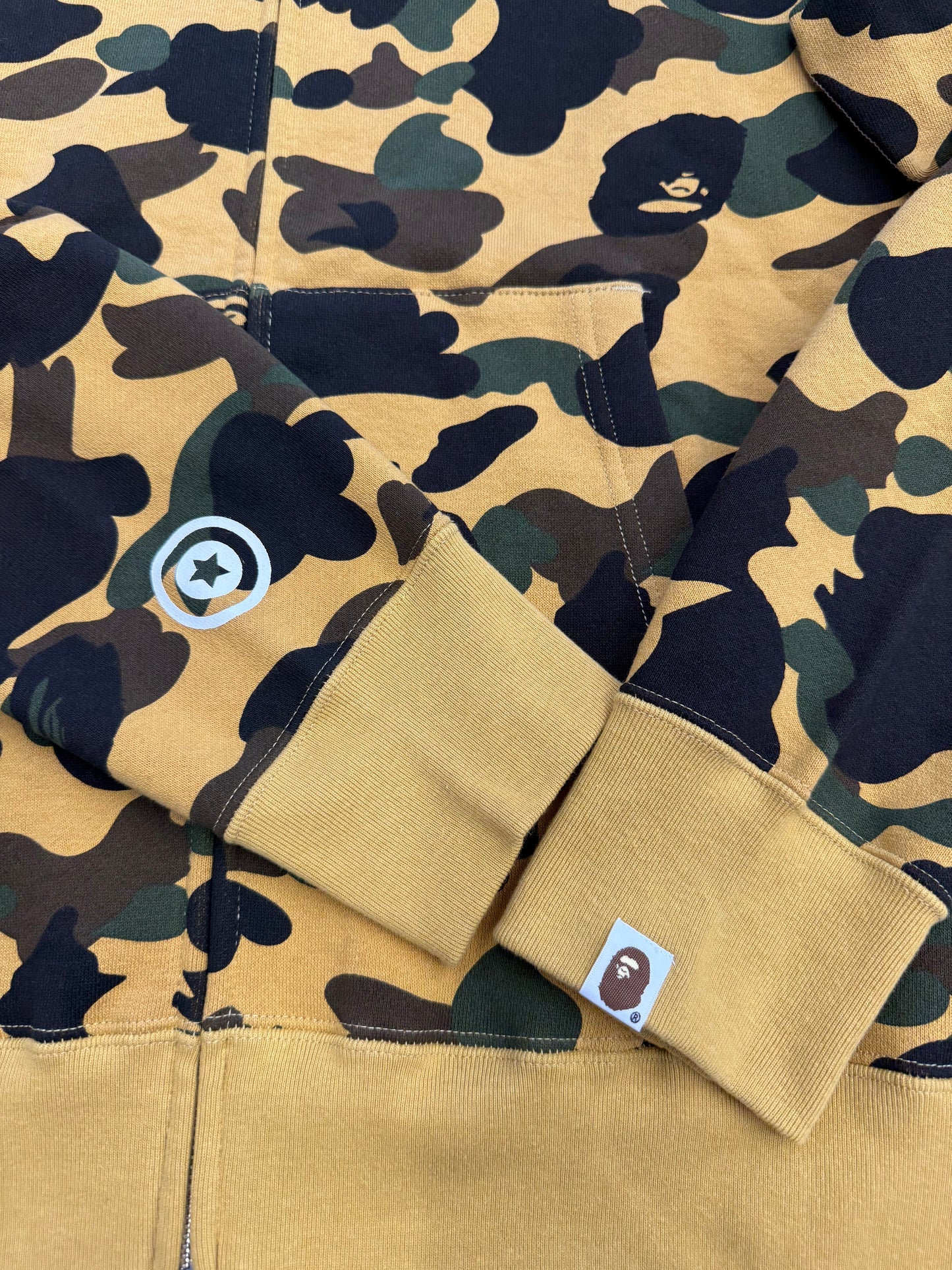A BATHING APE BAPE 1ST CAMO SHARK FULL ZIP HOODIE - YELLOW (XL) (NWT)