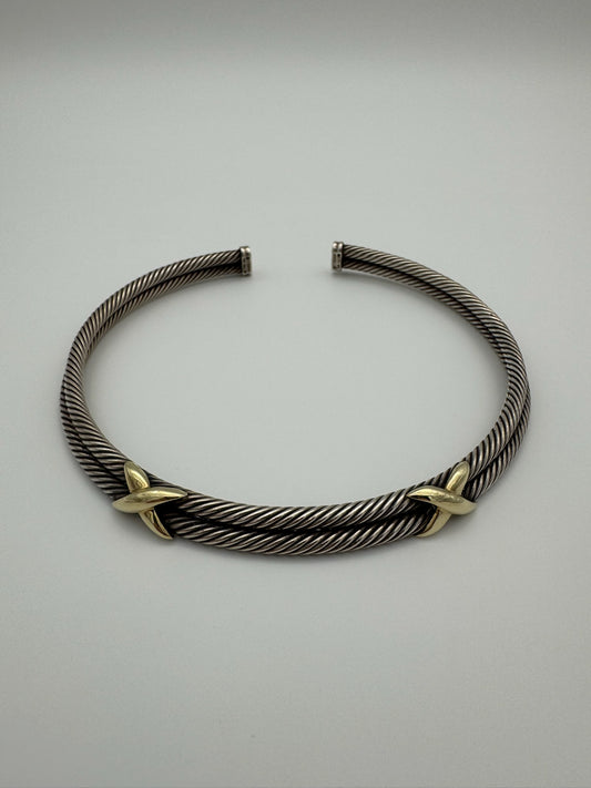 DAVID YURMAN TWO-TONE "X" CABLE COLLAR SILVER/14K GOLD NECKLACE (90.3 GRAMS)