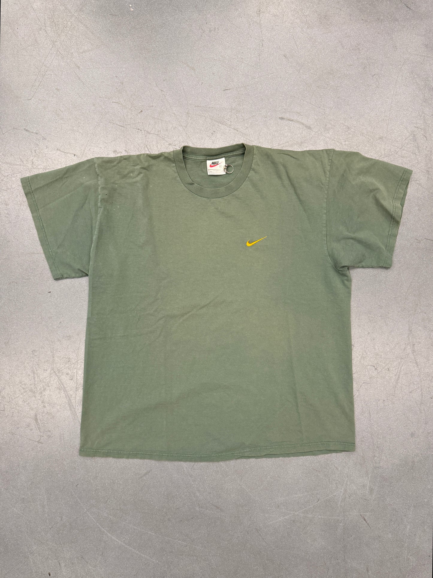 90S NIKE FOREST GREEN TONAL EMBROIDERED SWOOSH DISTRESSED CREWNECK SWEATER (WHITE/BLACK/RED TAG)