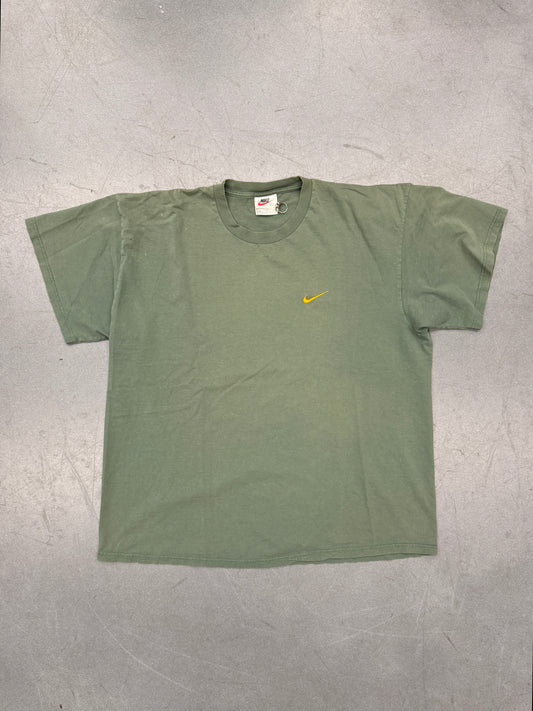 90S NIKE FOREST GREEN TONAL EMBROIDERED SWOOSH DISTRESSED CREWNECK SWEATER (WHITE/BLACK/RED TAG)