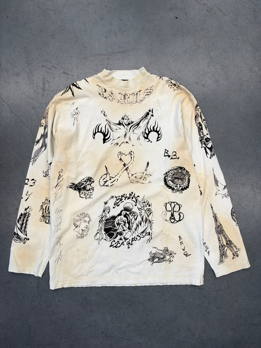 SS24 BALENCIAGA TATTOO DISTRESSED LONG SLEEVE TEE - OFF WHITE