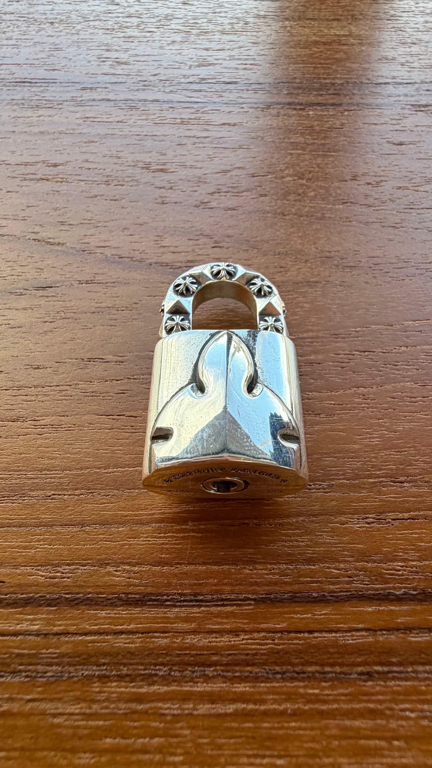 CHROME HEARTS LOVE'S NOT DEAD SILVER FLEUR LOCK PENDANT AND SPIKE KEY