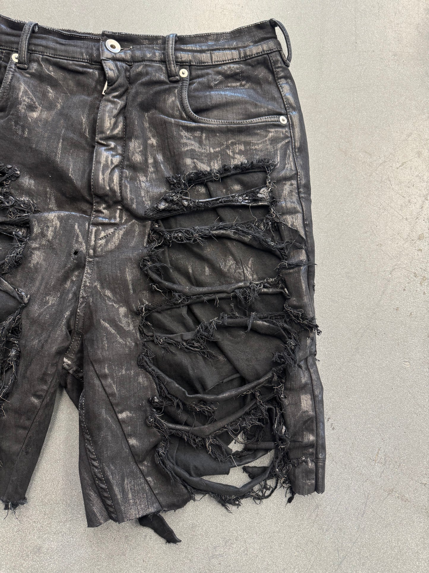 RICK OWENS DRKSHDW SLASHED TYRONE DENIM CUT TO SHORTS