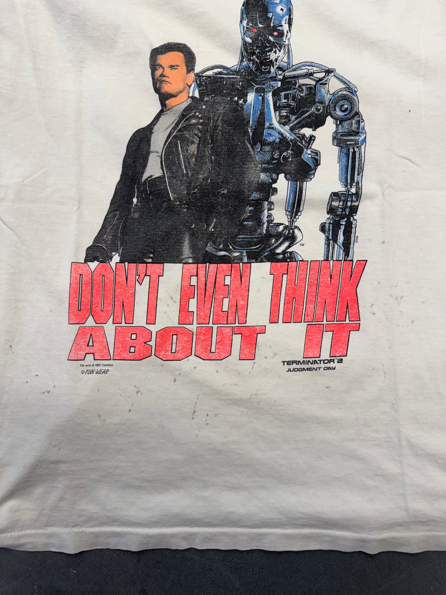 1991 TERMINATOR 2 JUDGMENT DAY "DON'T EVEN THINK ABOUT IT" TEE (FADED YELLOW TAG)