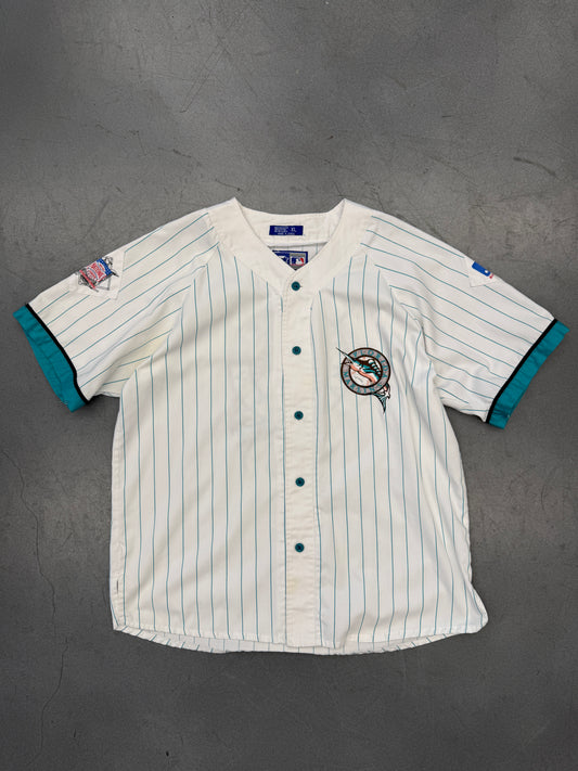 90S STARTER FLORIDA MARLINS PINK BELLY LOGO PINSTRIPE BASEBALL JERSEY