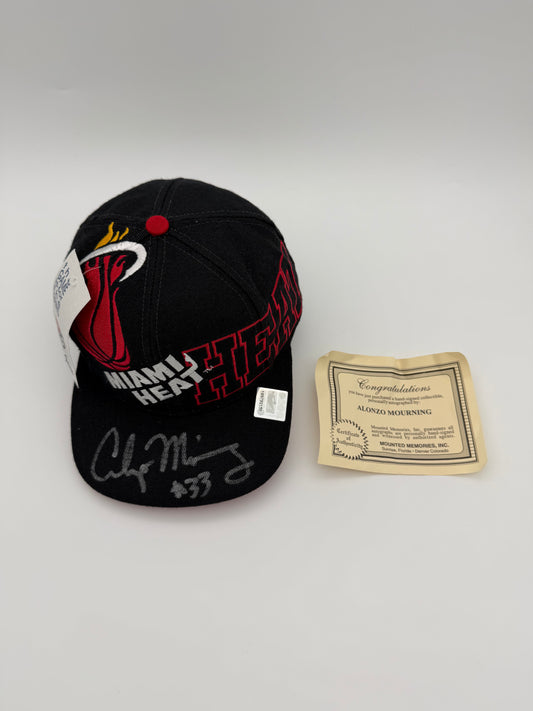 90S MIAMI HEAT NBA THE GAME (564 0F 2000) SNAPBACK HAT AUTOGRAPHED BY ALONZO MOURNING + COA