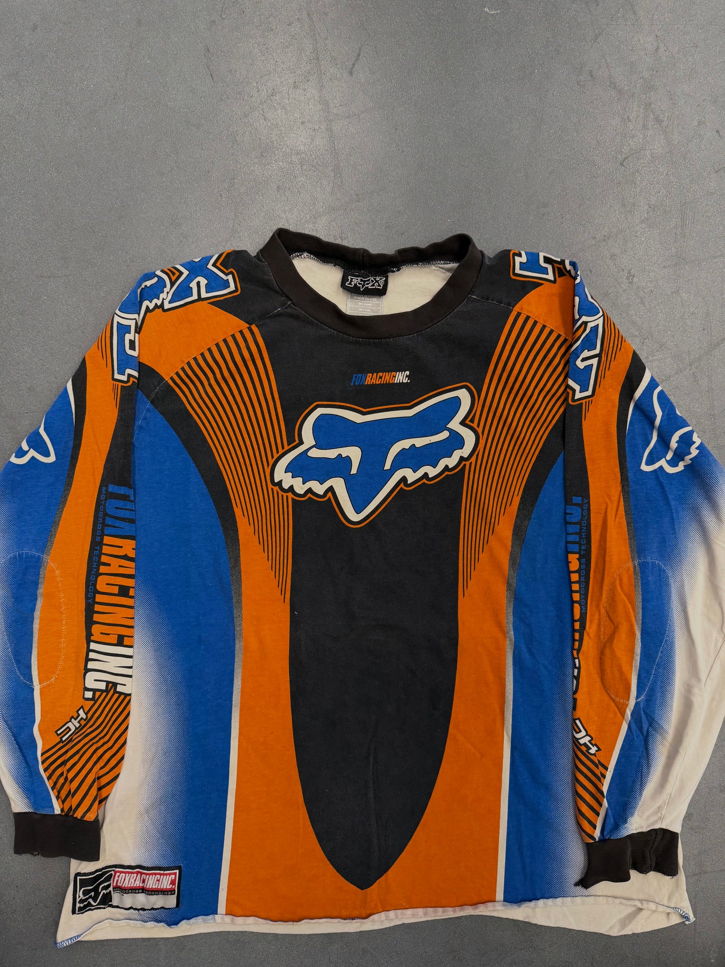 90'S FOX RACING LS MOTOCROSS RACING SHIRT- BLACK/ORANGE/BLUE