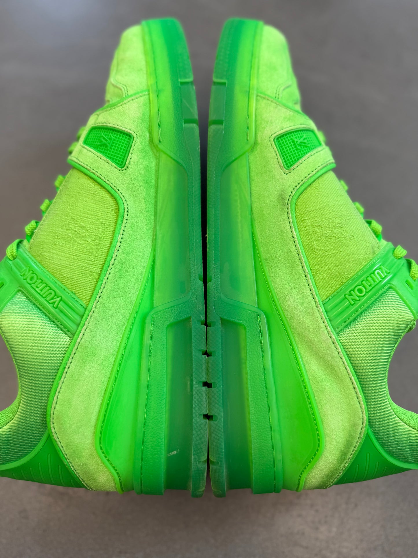 SIZE 10 LOUIS VUITTON LV TRAINER SNEAKER - FLUROESCENT GREEN (PRE-OWNED NO BOX)