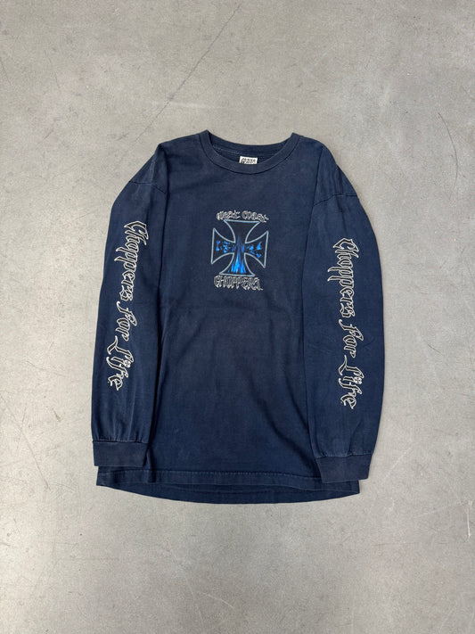 00'S WEST COAST CHOPPERS BLUE FLAME SKULL IRON CROSS LOGO "CHOPPERSF FOR LIFE" SPELLOIT LS TEE (TAG)