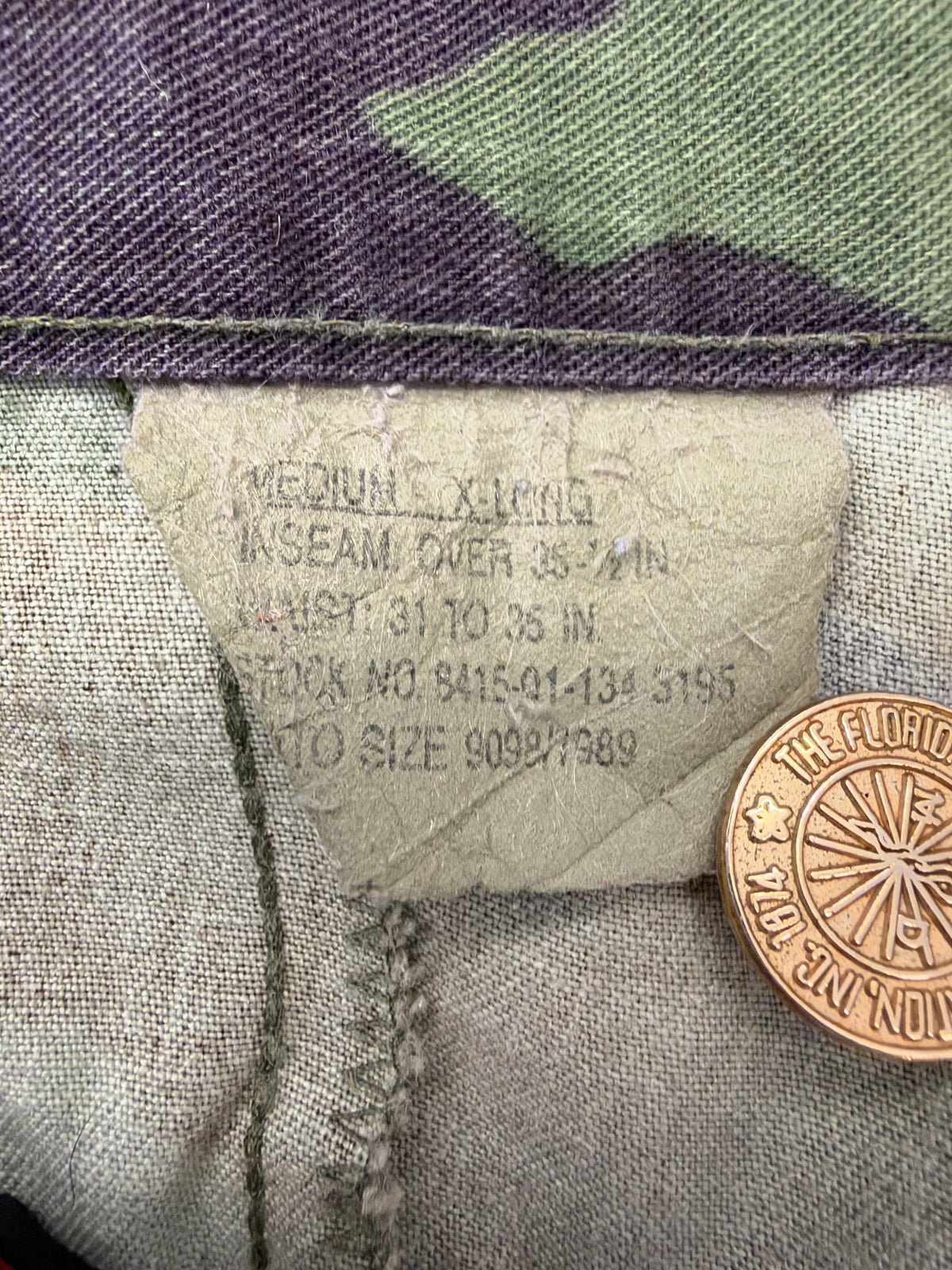 VINTAGE WOODLAND CAMO CARGO PANTS CUT TO LONG SHORTS (FADED TAG)